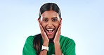 Volunteer woman, face and wow in studio with hands, shock or surprise with social responsibility by blue background. Girl, NGO worker and excited for deal, achievement or success in community service