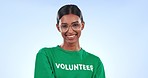 Happy woman, volunteer and glasses for eyesight, vision or ambition against a studio background. Portrait of volunteering female person smile with spectacles, positive attitude or mindset on mockup