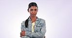 Shaking head, face and a woman with disagreement, sad or mental health on a studio background. Sad, frustrated and portrait of a young Indian girl with rejection, mistake or fail while disappointed