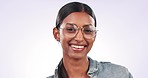 Happy woman, glasses and smile for eye sight, fashion or vision against a studio background. Portrait of female person or model with spectacles, positive attitude or ambitious mindset on mockup space