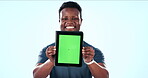 Tablet mockup, green screen and black man with advertising for gym, fitness app and social media ads on blue background. Tracking marker, promo and marketing, personal trainer and join us in studio