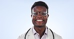 Face, doctor and black man with glasses, healthcare and medicare on a blue studio background. Portrait, medical professional and African person with eyewear, proud and confidence with clear vision