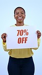African woman, discount poster and studio with smile on face, presentation or excited by blue background. Girl, sales and promotion with commercial sign, banner or branding in portrait for shopping