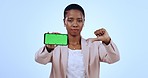 Phone, black woman and thumbs down for green screen with marketing and advertising in studio and mockup space. Professional person, smartphone and tracking marker for display and product placement