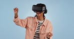 Vr, game and portrait of woman with hands  in blue background, studio and mockup with futuristic technology. Augmented reality, media and girl gaming, ux and ui in video or online tech for games