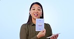 Woman, teacher and cards for display, smile and instructions on blue studio background. Education, lesson and teach for development, educator and vocabulary to study, words and learning language 
