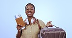 Woman, passport and plane ticket in studio with suitcase, come or dancing for travel with face by blue background. African person, documents and compliance with bag, holiday or happy for immigration