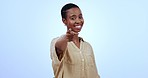 Face, pointing to you and black woman with motivation, promotion and welcome on a blue studio background. Portrait, African person and model with hand gesture, support and feedback with opportunity