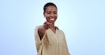Face, pointing to you and black woman with feedback, promotion and opportunity on a blue studio background. Portrait, African person and model with hand gesture, support and review with aesthetic