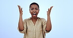 Black woman, face and wow with announcement and shock in studio, mind blowing and alarm on blue background. Gossip, drama and reaction to crazy news, surprise in portrait with question and alert