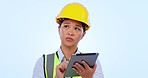 Engineering, woman thinking and inspection on tablet for design, survey or renovation progress in studio. Asian inspector or construction worker and digital, architecture checklist on blue background