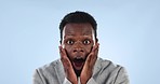 Business, face and black man with surprise, excited and facial expression on a blue studio background. Portrait, consultant or entrepreneur with feedback, reaction and omg with wow, emoji and shocked