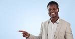 Happy black man, pointing and steps in advertising or marketing against a blue studio background. Portrait of African businessman smile showing options, list or information for choice on mockup space