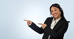 Face, pointing and woman with option, call center and customer service on blue studio background. Portrait, employee or model with hand gesture, telecom sales and tech support with choice or decision