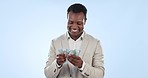 Happy black man, cash and counting money in finance, lottery or investment against a studio background. Excited African businessman with dollar bills, paper or notes in financial freedom on mockup