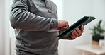 Hands, social media or old man with tablet in home for online info or research on internet. Retirement, technology or closeup of an elderly male person reading blog news on website for connectivity 