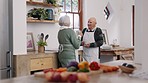 Cooking, coffee and senior couple in kitchen for lunch, supper and romantic dinner together. Marriage, retirement and man and woman at home with food for meal prep for bonding, fun and conversation