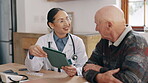 Doctor, old man or patient tablet talk for online test results, advice or healthcare report. Medical professional, male person or touch screen consultation for hospital support, smile or good news