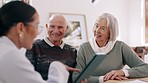 Clipboard, healthcare and doctor with senior couple and caregiver with checklist for health. Homecare, conversation and patient with insurance paperwork and planning in retirement with consultation