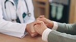 Doctor, senior person and holding hands in closeup for support, consulting or care in clinic for wellness. Medic, nurse and elderly patient for empathy, kindness or solidarity for health in hospital