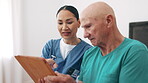 Senior, man and nurse with tablet for consulting, healthcare report or communication in bedroom of house. Elderly, person and caregiver with touchscreen or technology for medical advisory or health