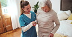 Senior, woman and nurse with walking stick for help, support and disability on bed in retirement home. Elderly, person and caregiver with cane for mobility, rehabilitation and recovery in bedroom