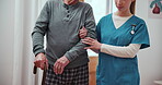 Senior, hands or nurse with walking stick for support, help and movement disability in retirement home. Elderly, person or caregiver with cane for mobility, rehabilitation and recovery in living room