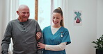 Senior, man or nurse with walking for support, help and movement disability in retirement home. Elderly, person or caregiver with happiness for mobility, rehabilitation and recovery in living room