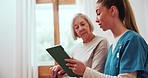 Senior patient, nurse or tablet in home rehabilitation, healthcare or wellness results. Elderly woman, walking stick or talking medical caregiver on technology in bedroom help, healthcare or progress