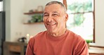 Face, happy and elderly man in home, kitchen and apartment house for retirement. Portrait, confidence and senior person smile for health, wellness or positive facial expression of pensioner in Mexico