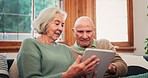 Excited, tablet and senior couple on sofa high five for online winning, good news and notification. Retirement, marriage and happy elderly man and woman bonding with digital tech for social media