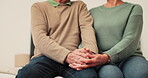 Home, bed and senior couple holding hands for romantic care, support or marriage partner trust, love or empathy. Closeup, kindness and bedroom people together with loyalty, commitment or respect