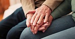 Home, care or elderly couple holding hands for compassion, emotional healing support or partner empathy. Security, retirement or closeup senior people together with sympathy, understanding or respect