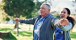 Nurse, stretching help and outdoor with senior man and caregiver with exercise and wellness in park. Support, physical therapy and healthcare professional with physio, relax and retirement with care