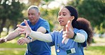 Nurse, tai chi stretching and outdoor with senior man and caregiver with exercise and wellness in a park. Support, physical therapy and healthcare professional with physio and retirement with care