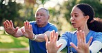 Nurse, tai chi and outdoor with senior man stretching and caregiver with namaste and wellness in a park. Support, physical therapy and woman help with physio, exercise and retirement with care