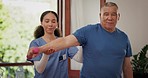 Physiotherapy, dumbbell and woman helping old man doing arm exercise, injury healing or arthritis rehabilitation. Physical therapy, healthcare worker and support on client workout, recovery or physio