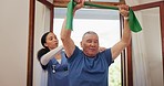 Physiotherapy, rehabilitation and old man doing band stretching exercise, recovery or physiotherapist advice, help or consultation. Physical therapy, nurse and aid senior patient on chiropractic care