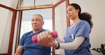 Physiotherapy, dumbbell and physiotherapist helping old man doing arm exercise, osteoporosis anatomy healing or rehabilitation. Physical therapy, medical wellness and nurse consulting senior client