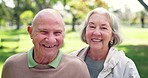 Face, smile and senior couple in park outdoor for date together, care and love. Portrait, happy elderly man and woman in garden, bonding and healthy relationship, support and connection in nature