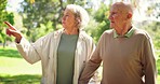 Elderly, couple and pointing or talking in park with pointing, conversation and bonding for retirement. Senior, man or woman outdoor in nature with communication, love or discussion for relax or date