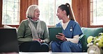 Nursing home, senior woman or nurse with tablet results, medical exam info or digital report online. Talking, history check or mature patient consulting healthcare worker or therapist for advice