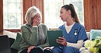 Bad news, old woman and nurse with tablet results, medical test exam or cancer diagnosis in nursing home. Depression, problem or senior patient consulting a therapist for healthcare advice or help 