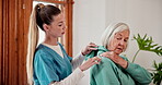 Doctor, injury and elderly woman for shoulder pain to massage, physiotherapy or nursing home by healthcare. Senior person, arthritis or physiotherapist in osteoporosis, medical help or wellness care