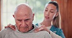 Physiotherapist, senior man and massage for shoulder pain, consultation or healthcare in nursing home. Elderly person, nurse woman and physical therapy for muscle injury, rehabilitation or retirement