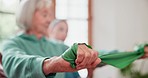 Band, nurse and elderly woman with physiotherapy, stretching and healthcare with rehabilitation. Mature person, patient or senior lady with caregiver, physical therapist or conversation with wellness