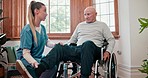 Physiotherapist, senior man and wheelchair for legs, pain and consulting for healthcare in nursing home. Elderly patient, nurse woman or person with disability, rehabilitation and recovery in clinic