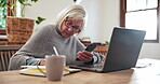 Elderly, woman and writing with phone and laptop for planning, investment or schedule for retirement in living room. Senior, person or notebook with technology and research at table in lounge of home