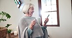 Home, morning and senior couple with coffee, smartphone and pensioner with internet, digital app and social media. Apartment, pensioner and elderly person with a cellphone, mobile user and espresso