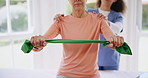 Elderly, woman and stretching band for physiotherapy, wellness and fitness with physiotherapist support. Physical therapy and senior person with exercise, workout or rehabilitation for muscle or body